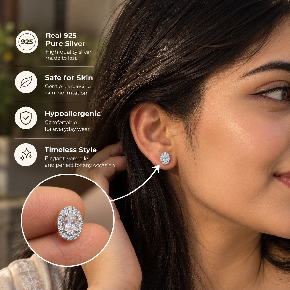 Prince Solitaire Studs for Women (925 Pure Silver)